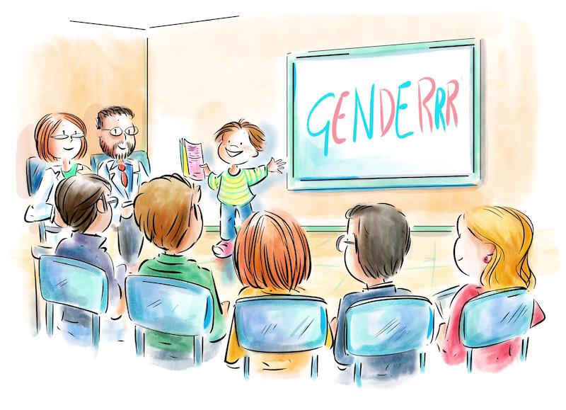 Illustrazione GenderLens: persone adulte assistono a un incontro educativo transfemminista tenuto da una persona baminba, davanti a lavagna con scritta "GENDERRR".