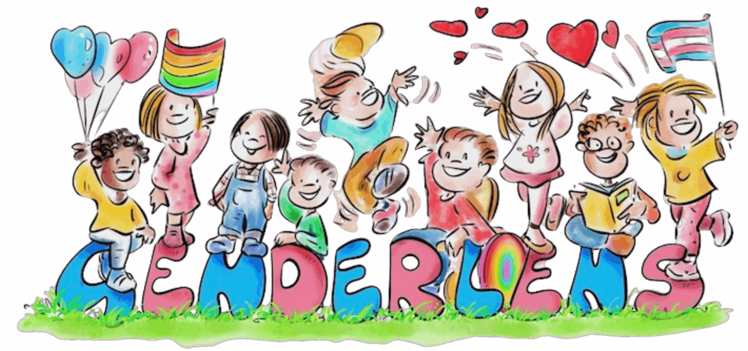Illustrazione vivace di bambini e bambine LGBTQIA+ che giocano con bandiere trans e arcobaleno intorno al logo colorato GenderLens su prato verde.