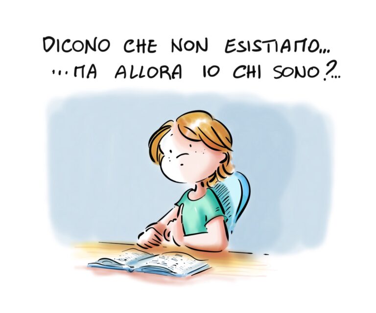 Fumetto GenderLens: persona bambina seduta a scuola legge libro e domanda "Dicono che non esistiamo... ma allora io chi sono?" su sfondo azzurro.