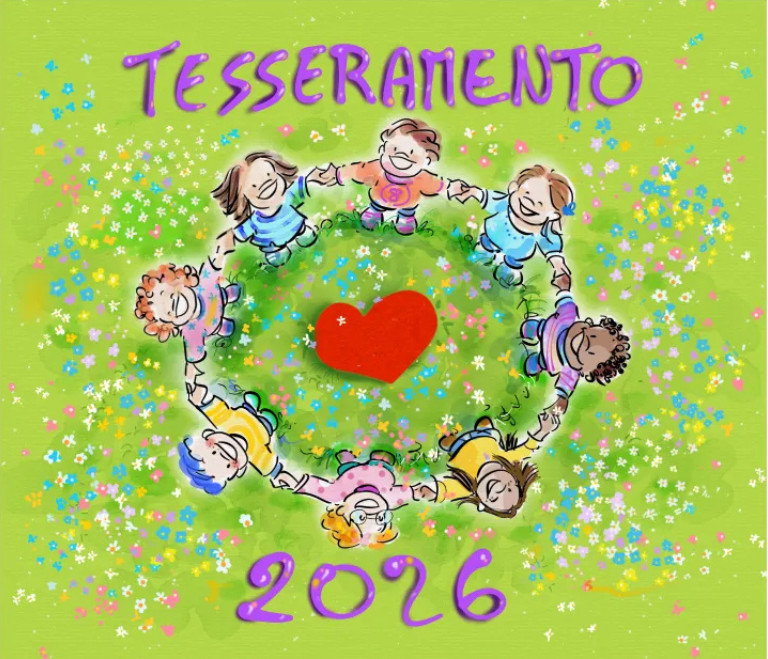 Illustrazione colorata per tesseramento GenderLens 2026: cerchio di persone bambine diverse mano nella mano intorno a cuore rosso su prato fiorito verde.
