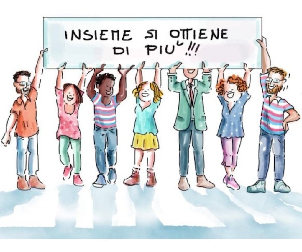 Illustrazione GenderLens transfemminista: gruppo di persone diverse con striscione "Insieme si ottiene di pi&ugrave;" a simboleggiare lotta unita per i diritti dell'infanzia e dell'adolescenza trans e queer.